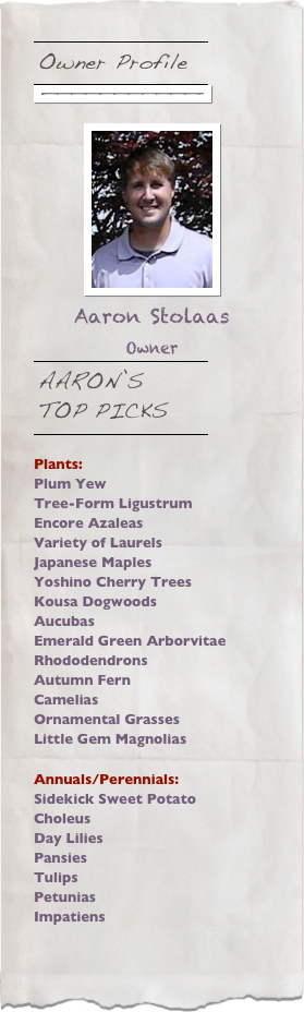￼
￼
￼
￼

￼
Aaron Stolaas
Owner
￼
￼
￼

Plants:
Plum Yew
Tree-Form Ligustrum
Encore Azaleas
Variety of Laurels
Japanese Maples
Yoshino Cherry Trees
Kousa Dogwoods
Aucubas
Emerald Green Arborvitae
Rhododendrons
Autumn Fern
Camelias
Ornamental Grasses
Little Gem Magnolias

Annuals/Perennials:
Sidekick Sweet Potato 
Choleus
Day Lilies
Pansies
Tulips
Petunias
Impatiens

